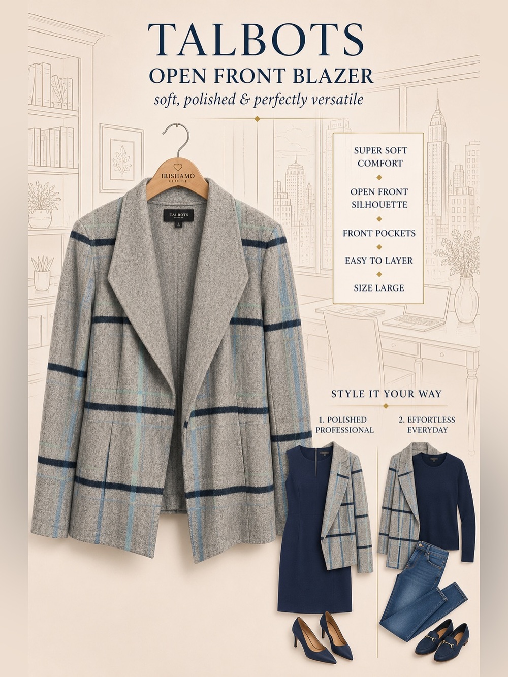 Talbots Wool Blend Grey Plaid Open Front Blazer | Size Large
